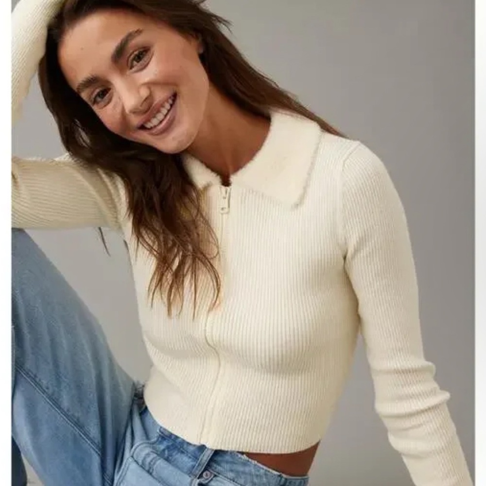 American Eagle Outfitters Cream Ribbed Zip Polo Cardigan